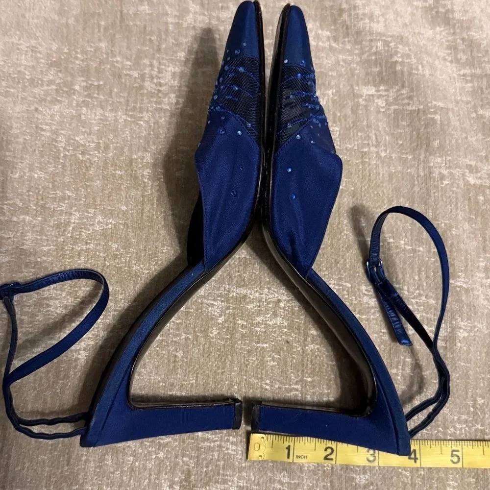 St. John Blue Italian Embellished Fabric Mesh Pointy Toe Slingbacks - Picture 9 of 14